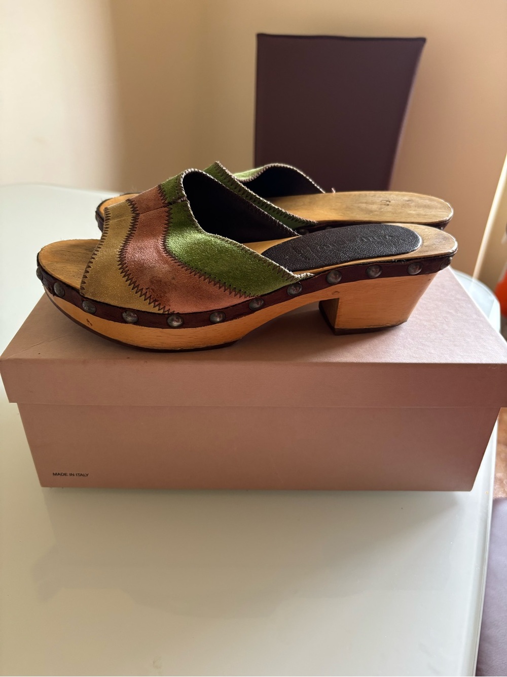 Miu Miu Green and Tan Suede Slide Clogs